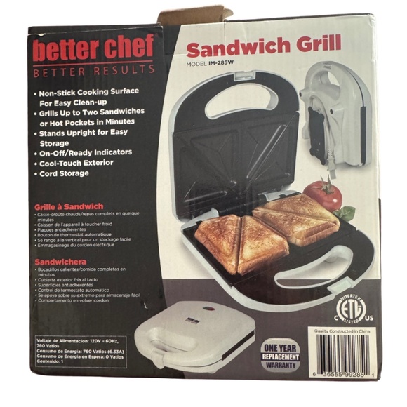 🔥 Better Chef Sandwich Grill – Model IM-285W - Non-Stick - Compact | NIB - Picture 2 of 5